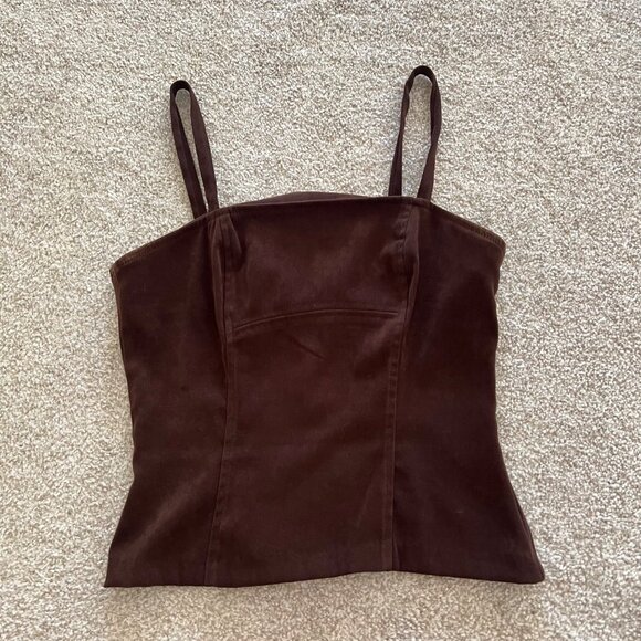 SOLDSuede Square Neck Fitted Brown Top With Zip Closure Small - Picture 3 of 7